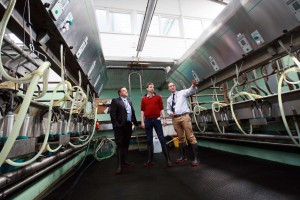 David Russell visits Reaseheath’s dairy parlour with Vice Principal Dave Kynaston and head of Agriculture Martyn East