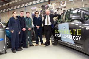 IMIAL Level 3 Light Vehicle Maintenance and Repair students Debra Bligh-Wall, Corey Walton, Will Blackshaw and Cody Brookes meet Richard Noble in Reaseheath’s automotive workshops