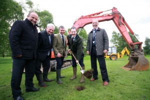 George Osborne cuts the first sod for the National Centre for Food Futures and the Environment, watched by Reaseheath Principal Meredydd David, MP Stephen O’Brien, MEP candidate Kevin Beaty  and Martin Smout, executive chairman of construction partner GB Building Solutions.