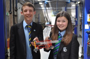 Georgina Hardy and Adam Caunt, both 13, from Brine Leas School with their Kinex car