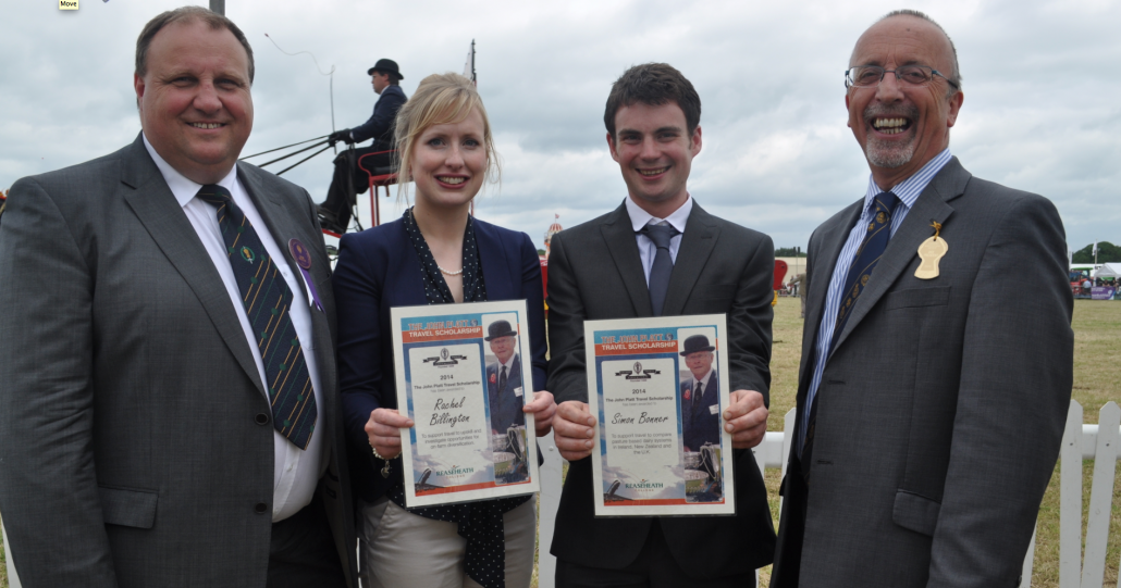 Rachel Billington and Simon Bonner receive their John Platt Travel Scholarships from Keith Thomas and Reaseheath Principal Meredydd David at the Cheshire Show.