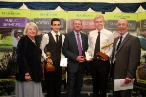 Cody Brookes and Jack Salt at Reaseheath Presentation of Awards 2013. Congratulated by Peter Kendall, Emily Thrane and Principal Meredydd David as top Level 2 Motor Vehicle 