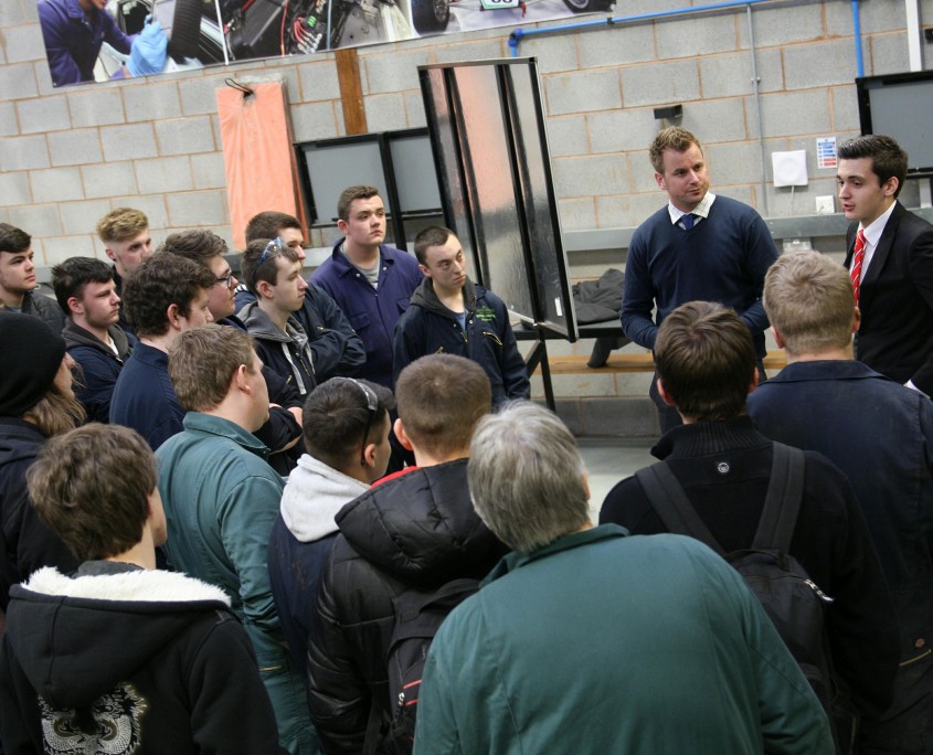 Cody Brookes addresses students in Reaseheath’s Motor Vehicle Technology Centre