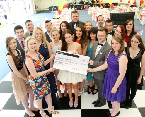 President Rob Sparkes, RAG Chair Katie Gibson and Vice President Fenna Ball hand over the cheque to Macmillan Fundraising Managers Louisa Walmsely and Mandy West, watched by members of the Student Association