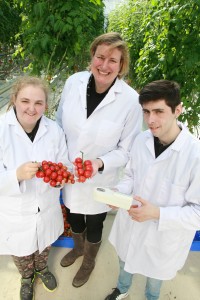 MP Antoinette Sandbach joins Latisha Woolley and Simon Daynes in Reaseheath’s high tech glasshouses.