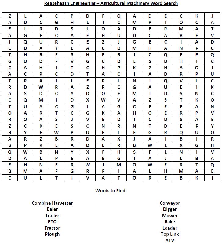 Agricultural Machinery Word Search Reaseheath College