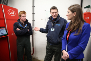 Farm Manager Ed Parrish, Principal Marcus Clinton, MP Edward Timpson CBE and Minister of State for Higher & Further Education Michelle Donelan at Reaseheath’s robotic milking parlour and data hub