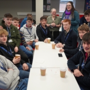 Reaseheath’s T Level in Agriculture students enjoy tea and cake in the classroom, accompanied by Susan Huxley and Course Manager Gemma Mills