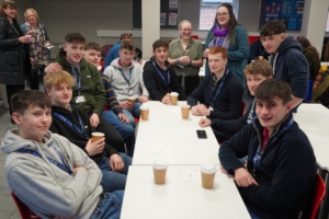 Reaseheath’s T Level in Agriculture students enjoy tea and cake in the classroom, accompanied by Susan Huxley and Course Manager Gemma Mills