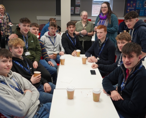 Reaseheath’s T Level in Agriculture students enjoy tea and cake in the classroom, accompanied by Susan Huxley and Course Manager Gemma Mills