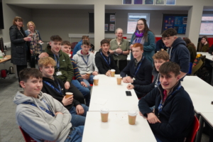 Reaseheath’s T Level in Agriculture students enjoy tea and cake in the classroom, accompanied by Susan Huxley and Course Manager Gemma Mills